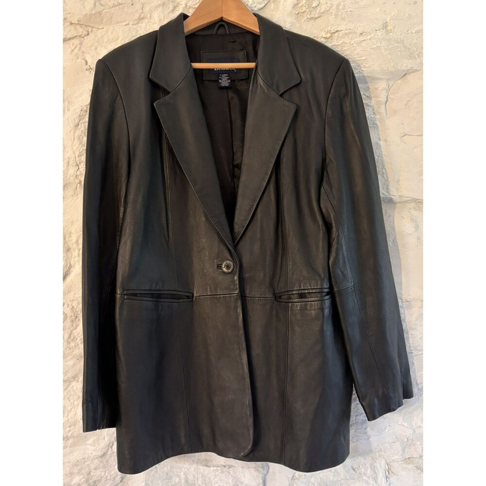 Denim & Co Womenās XL Black Genuine Leather Blazer Jacket Single Button Classic